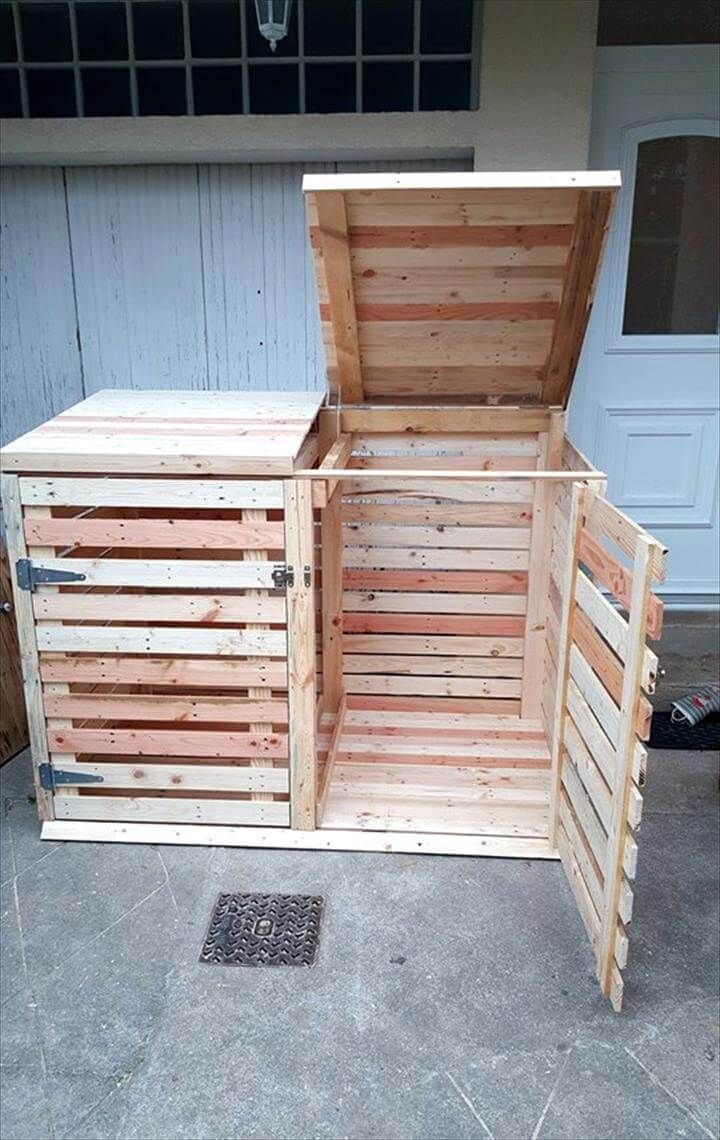 self made pallet trash can cabinet