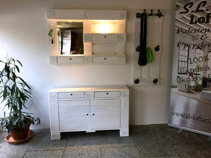 diy pallet mirror, coat rack and a chest of drawers