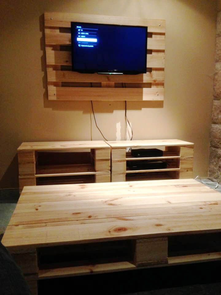 pallet coffee table and wall hanging entertainment center