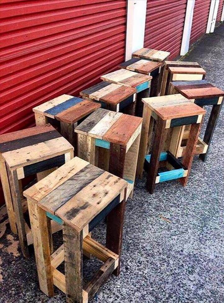 custom wooden pallet stools with colorful berths